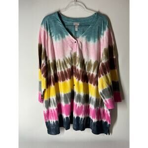 LOGO Lori Goldstein Tie Dye Colorful Button Down 3/4 Sleeve Top w Pockets 5X NEW
